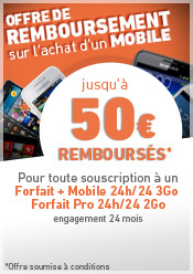 Offre de remboursement jusqu'à 50 euros remboursés sur les mobiles sélectionnés avec un forfait + mobile 2Go. Offre soumise à conditions