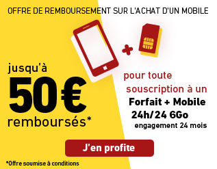 Profitez de l'offre de remboursement, jusqu'à 50 euros remboursés sur les mobiles sélectionnés avec un forfait + mobile 24h/24 2Go avec engagement 24 mois hors Formule Eco.