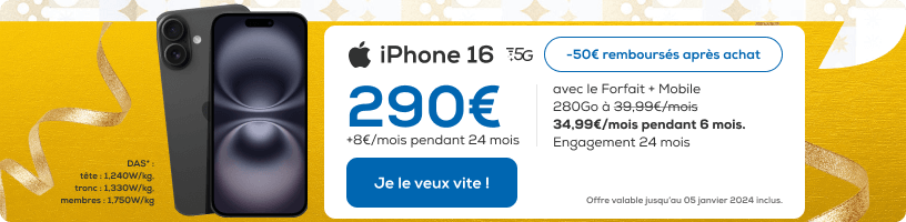 L'iPhone 16 à 290€/mois (+8€/mois pendant 24 mois) avec le Forfait + Mobile 280Go à 34,99€mois au lieu de 39,99€/mois pendant 6 mois.