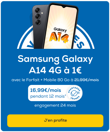 lz Samsung Galaxy A14 4G à 1? seulement avec le Forfait + Mobile à 16,99?/mois pendant 12 mois