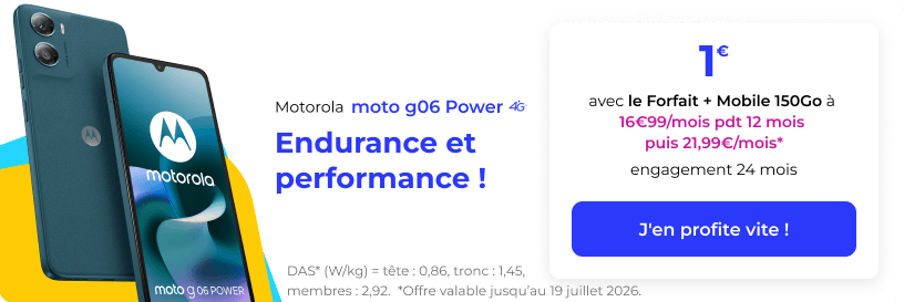 <b>Le Motorola moto g06 power est à 1&euro; avec le Forfait + Mobile 150Go (à 16,99&euro;/mois pdt 12 mois puis 21,99&euro;/mois*)</b>
