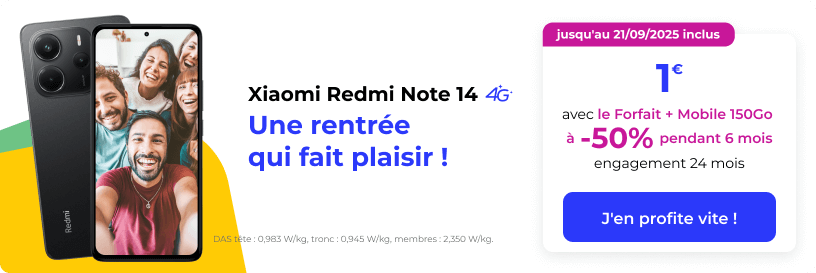 Le Xiaomi Note 14 4G à 1€ avec le Forfait + Mobile 150Go (à -50% pendant 6 mois)